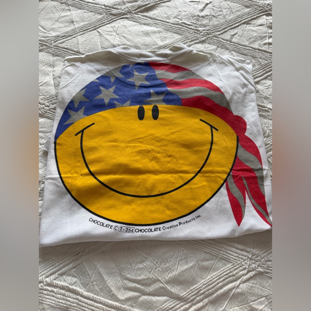 Vintage 90s Chocolate Graphic Tee with American Flag Bandana Smiley Face